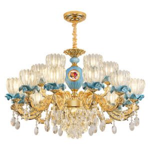 Blauw-Gouden Porseleinen Kristallen Kroonluchter
