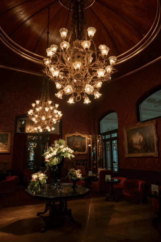 An elegant room with two elaborate chandeliers, red decor, floral arrangements, and classic paintings, exuding a vintage and opulent ambiance