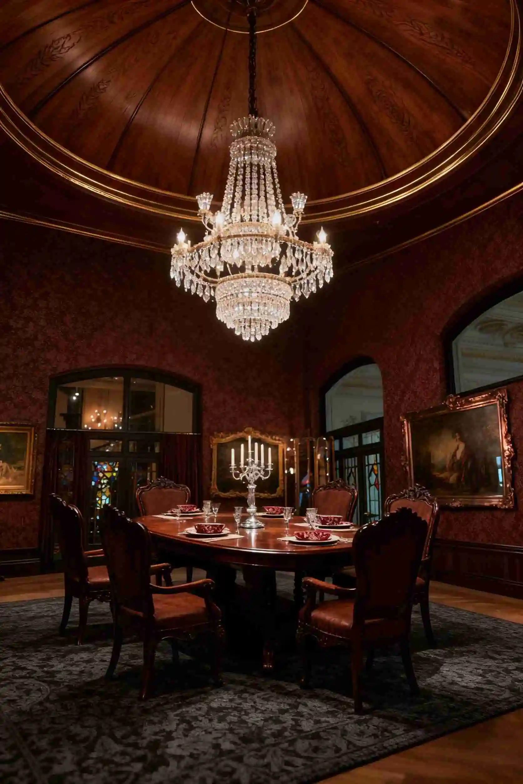 A luxurious dining room with a large crystal chandelier, a wooden domed ceiling, red patterned walls, and a formal dining setup